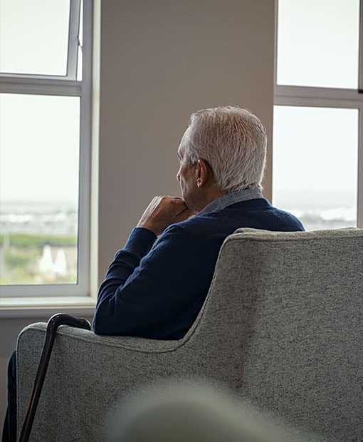 View from the back of an elderly man in an armchair, looking out of the window.
